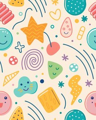 seamless pattern with cream. Fun colorful line doodle seamless pattern. Creative minimalist style art background for children or trendy design with basic shapes. Simple childish scribble backdrop.