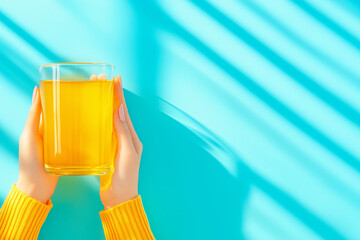 Two hands holding a glass of bright orange juice against a vibrant blue background with shadows