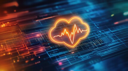 A glowing cloud icon with a heartbeat symbol inside, set against a high-tech digital background, representing cloud health monitoring