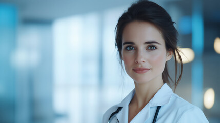 a young female doctor in a white coat smiles warmly, standing in a bright medical setting with a ste