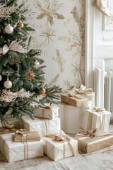 Wall Mural - Christmas tree surrounded by presents under soft glowing lights, set in a cozy living room with stockings hung above a warm fireplace.