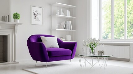 Poster - A cozy purple armchair featuring a soft white cushion sits elegantly in a bright living room adorned with large windows. The space is minimalistic, with a glass table and a decorative shelf nearby.