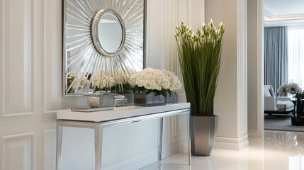 Poster - A stylish hallway features a sleek console table with a round decorative mirror above it. Fresh white flowers in a vase add a touch of elegance alongside tall greenery, enhancing the modern decor.