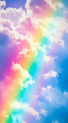 Wall Mural - a vibrant rainbow forms above fluffy white clouds against a bright blue sky on a sunny day, creating
