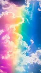 Wall Mural - a vibrant rainbow forms above fluffy white clouds against a bright blue sky on a sunny day, creating