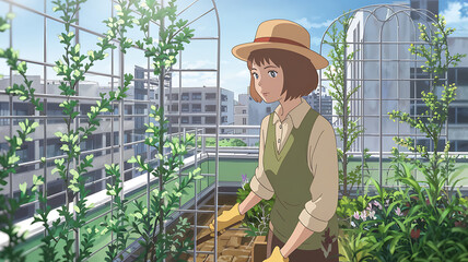 a young woman in green tending to a rooftop garden with vibrant green plants and a blue sky. tranqui