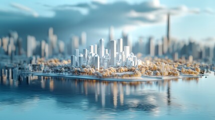 Wall Mural - ity white model, skyline of city, 3d model rendering without texture, tilt shift lens, white model style, blue sky background,3D visualization style,minimalist style, blue sky and white light, 