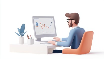 Poster - a man analyzing data on a computer, showcasing a modern workspace with a plant and stationery.