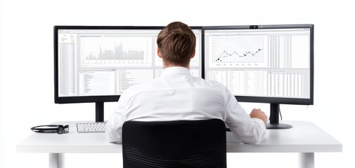 Poster - a professional in a white shirt working on dual monitors analyzing data and charts.