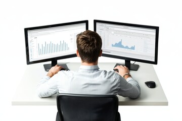 Poster - businessman analyzing data on dual monitors at a modern office desk.
