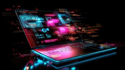 A laptop with a glowing digital technology screen, featuring a futuristic interface with vibrant tech icons and data streams