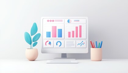 Poster - modern workspace featuring a computer displaying colorful graphs and charts alongside plants and sta
