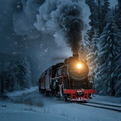 Old steam locomotive driving at night through a dreamlike snowy forest at christmas time