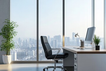 Sticker - Luxury Business Workspace with Panoramic City View and Elegant Interior Design