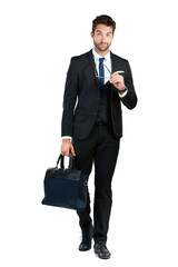 Poster - Business man, spy and portrait with confidence with professional, fashion and entrepreneur in studio. Executive suit, watch and job with glasses and corporate agent with white background and bag