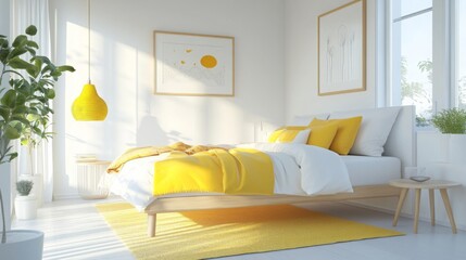 Poster - A modern bedroom with a white bed and yellow bedding. The bed is made with white sheets and pillows, with a yellow blanket and throw pillows