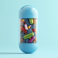 Colorful capsule filled with various pills and candies, highlighting health and wellness concepts. Ideal for medical and pharmaceutical themes.