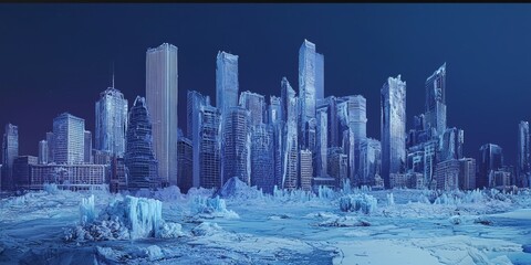 Wall Mural - Skyline of a frozen city with tall buildings