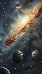 Wall Mural - a stunning cosmic landscape featuring a colorful nebula and diverse planets in a starry sky