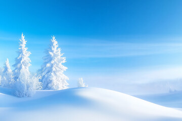 Snow-covered landscape with tall trees under a clear blue sky in a wintry setting