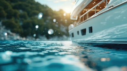 A close-up view of a luxury yacht sailing on the serene and sparkling blue waters, with a picturesque green forested shoreline in the background under sunny skies.