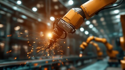 A yellow industrial robotic arm generates sparks as it works in a modern factory, showcasing technology, automation, and efficiency within the manufacturing process.