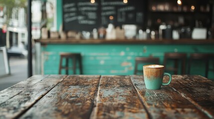 A rustic coffee shop interior featuring a foamy latte in a blue mug on a wooden table. The vintage atmosphere is complemented by chic, comfortable furnishings.