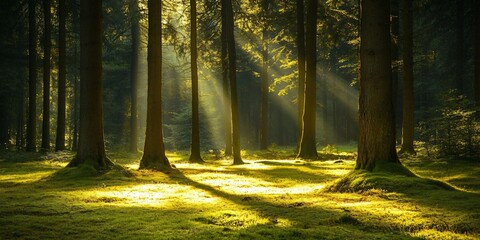 Sticker - Sunbeams illuminate the forest floor, casting long shadows through the dense trees.