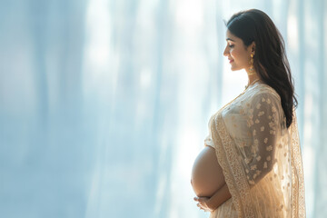 Wall Mural - Pregnant woman is smiling and holding her belly while standing near a window