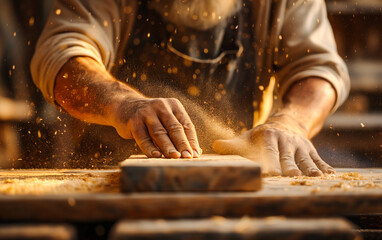 Carpenter touching wood plank with sawdust falling around him