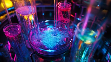 Leinwandbilder - Closeup of a petri dish with colorful liquids pouring into it, surrounded by glass tubes filled with colorful liquids