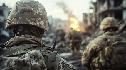 A group of soldiers in camouflage gear move forward in a desolate urban battlefield with smoke and fire in the background, symbolizing conflict and resilience.