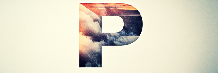 Wall Mural - A stylized letter 'P' filled with a photograph of clouds and a sunset.