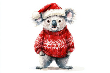 Wall Mural - Watercolor painting of a cute koala bear wearing a christmas sweater and santa hat, a festive and adorable holiday illustration