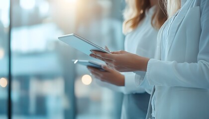 Poster - Close-up of Woman's Hand Using a Tablet in a Modern Office Setting