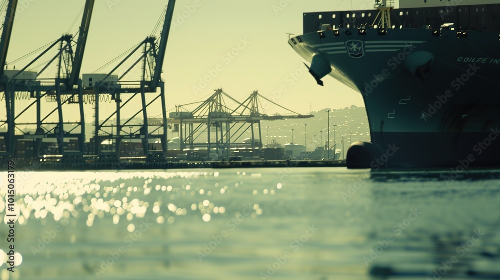 Large cargo ship anchored in harbor during port strike, surrounded by ...