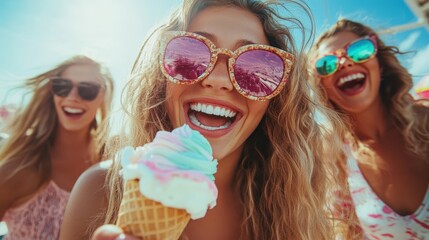 Two happy girls in vibrant sunglasses delight in their colorful ice cream cones against a bright beach backdrop, encapsulating carefree joy and the essence of summer relaxation.