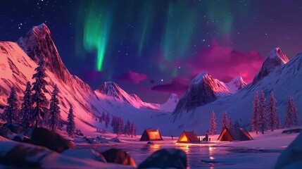 Captivating view of a polar camp under the vibrant Northern Lights during winter, highlighting the beauty and adventure of Arctic exploration