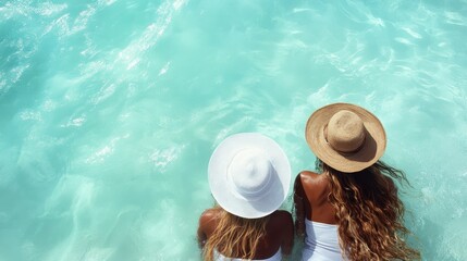 Two women wearing hats are lounging together by vibrant turquoise waters, exuding relaxation and friendship, basking under the warm sun in a peaceful setting.