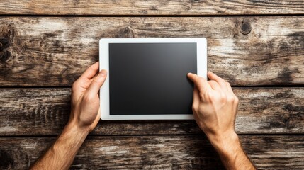 Poster - Close-up of a hand presenting a digital tablet with a blank screen on a wooden desk, ideal for adding custom content or graphics