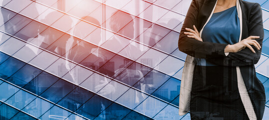 Wall Mural - double exposure image of success business people on abstract modern city background. future business