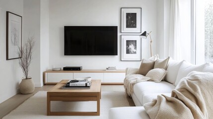 Poster - A spacious, minimalist living room with bright white walls and large windows