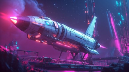 Aufkleber - A sleek, advanced rocket prepares for launch against a stunning night sky illuminated by neon lights. The futuristic setting features towering structures and an engaging atmosphere of exploration.