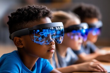 Children in a futuristic classroom learning with advanced technology, using interactive digital tools and holographic displays to shape tomorrowâ€™s vision