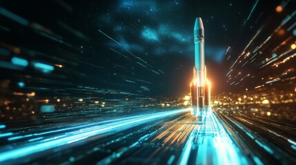 Aufkleber - A rocket stands ready for launch, surrounded by dynamic light effects that suggest motion and energy. The background features a starry sky, creating a dramatic and exciting atmosphere for the event.