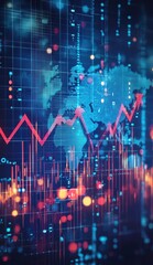 Poster - Digital background with dynamic financial graphs showing upward trends and global map
