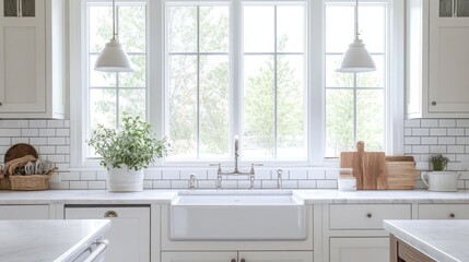 Poster - Natural light floods this modern kitchen featuring a spacious farmhouse sink, white cabinetry, and fresh greenery near the window. The decor combines simplicity and elegance for a warm atmosphere.
