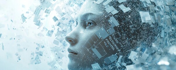 Poster - Digital face of an AI robot constructed from small fragments and data symbols, representing artificial intelligence and futuristic technology in a conceptual and abstract way