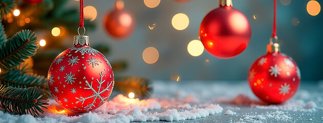 shining golden Christmas banner red ball banneron blurred lights bokeh red background dark ow key photo glitter guarland