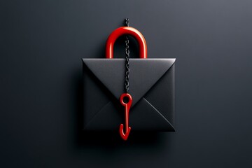 Poster - Clean design showing an email envelope being hooked, representing phishing, with minimalist shadows and a bright red hook